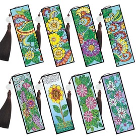MVVMTOP 8 Pack Diamond Painting Bookmarks Flowers Diamond Art Bookmark Tassel Resin Rhinestone Leather Bookmark Kit for Adults DIY Beginner Diamond Painting Bookmarks