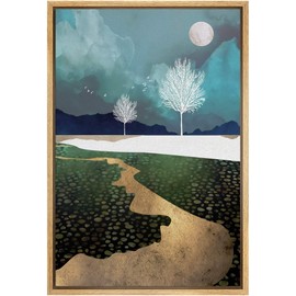 SIGNFORD Framed Canvas Print Wall Art Golden Path with White Tree Silhouettes Abstract Wilderness Illustrations Modern Art Contemporary Scenic for Living Room, Bedroom, Office - 16"x24" Natural