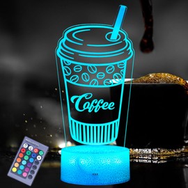 POSSHE Coffee Gift, Coffee Cup Decor, 3D Illusion Night Light Lamp, 16 Colors Changing, Remote Control, Dimmable, Cafe Shop Room Decoration