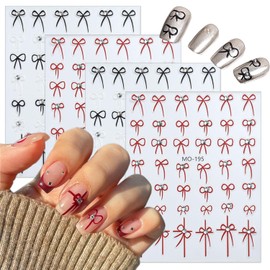 Valentine's Day Nail Art Stickers Embossed Bow Tie Nail Stickers with Nail Rhinestones Design French Nail Decals 3D Self Adhesive Red Black Bow Charms Nail Art Supplies for Women Nail Decor 4Sheets