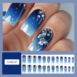TBRZTR Blue Gradient Press on Nails Medium Square Butterfly with Rhinestones Design Full Cover Glossy False Nail Artificial Medium Stick on Nails DIY Press Ons Acrylic Glue on Nail for Women 24Pcs