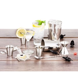 16 Pcs Cocktail Shaker Home Bar Set – Complete Bartender Kit with Double Bar Jigger, Pour Spouts, Drink Shaker, Hawthorne Strainer, Bar Spoon, Bottle Opener and Tin Shot Glasses