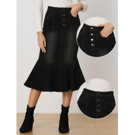 Allegra K Denim Skirt for Women's Washed Fishtail Midi Skirt Medium Black