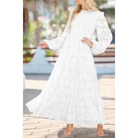 MITILLY Women's Elegant Floral Long Sleeve Round Neck Smocked A-Line Flowy Tiered Maxi Dresses with Pockets X-Large White