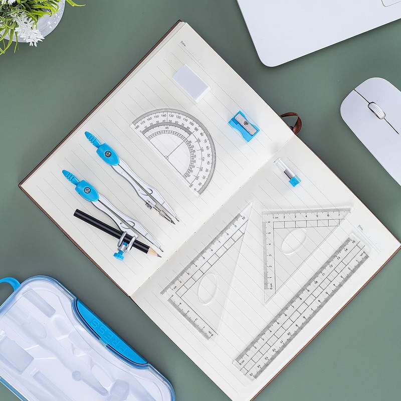 Math Geometry Kit Set 10 Pieces with Shatterproof Storage Box,