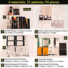 CraftBloom 94PCS Movie Film Scrapbook Paper for Journaling Supplies, Strip Photo Frame for Scrapbooking Kit, Waterproof PET Washi Quote Stickers for Bullet Junk Journal Collage Planner DIY Craft