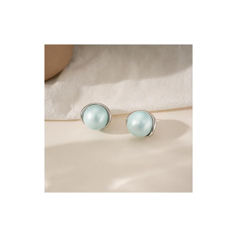 GZJOGO Big Light Blue Pearl Stud Earrings Trendy, White Gold