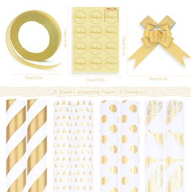 Luxury White Gold Gift Wrapping Paper Set,8 Sheets Gift Package Paper with 10 Pull Bows and 24 Yard Glitter Ribbon and 12 Thank You Sticker for Birthday Christmas Wrap Packing Paper Craft