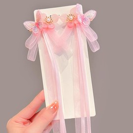 Tassel Ribbon Bowknot Hair Clips with Long Tail, Chinese Hanfu Flowers Hair Clips Cute Hair Accessories Barrettes for Girls Kids (Pink)