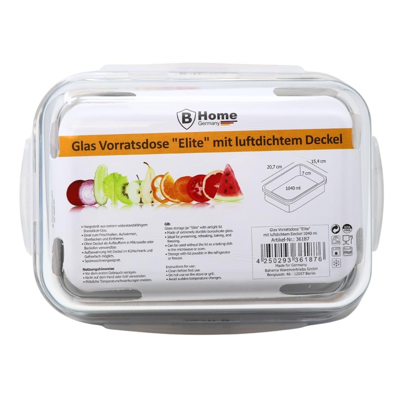 Elite Glass Storage Container with Airtight Lid 1040 ml