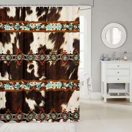 Erosebridal Cowhide Shower Curtain Western Bath Curtain,Brown Cow Print Shower Curtain Set Exotic Diamond Aztec Tribe Farm Animals Bull Cattle Skin Bathroom Decor Cowboys Gifts for Women 72" Wx78 L