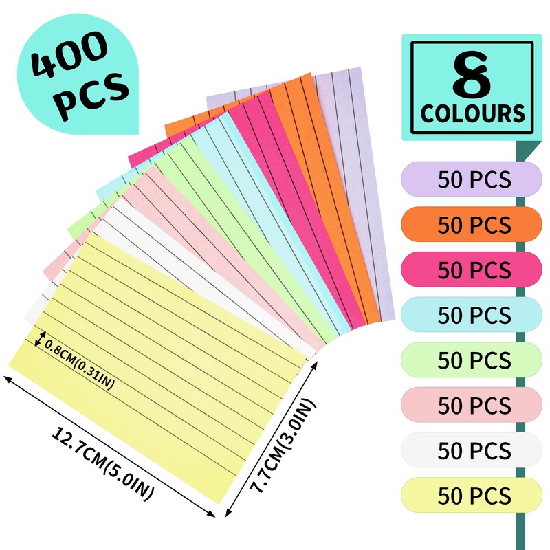 400 Pcs 8 Pack Lined Index Cards - 8 Colours