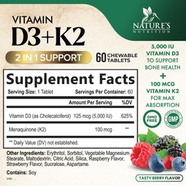Vitamin D3 5000 IU with K2 100 mcg | K2 MK-7 with D3 Vitamin Supplement, Supports Immune, Heart, Joint, Teeth & Bone Health - Nature's Easy to Swallow, VIT D3 K2, Berry Flavor - 120 Chewable Tablets