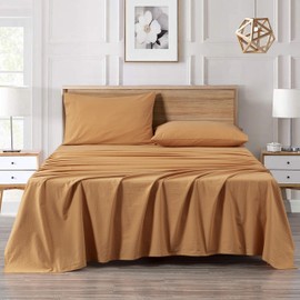 Chezmoi Collection Solid Caramel 100% Washed Cotton Bed Sheet Set King Size, 4-Piece Luxury Soft Breathable 16-Inches Deep Pocket Sheets and Pillowcases Set