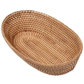 i-lan Large Size Handmand Oval Bread Serving Basket, Natural Rattan Fruit Bowl, Coffee Table Tray for Food Storage, Snack, Vegetable, Honey Brown （L: 12.5")