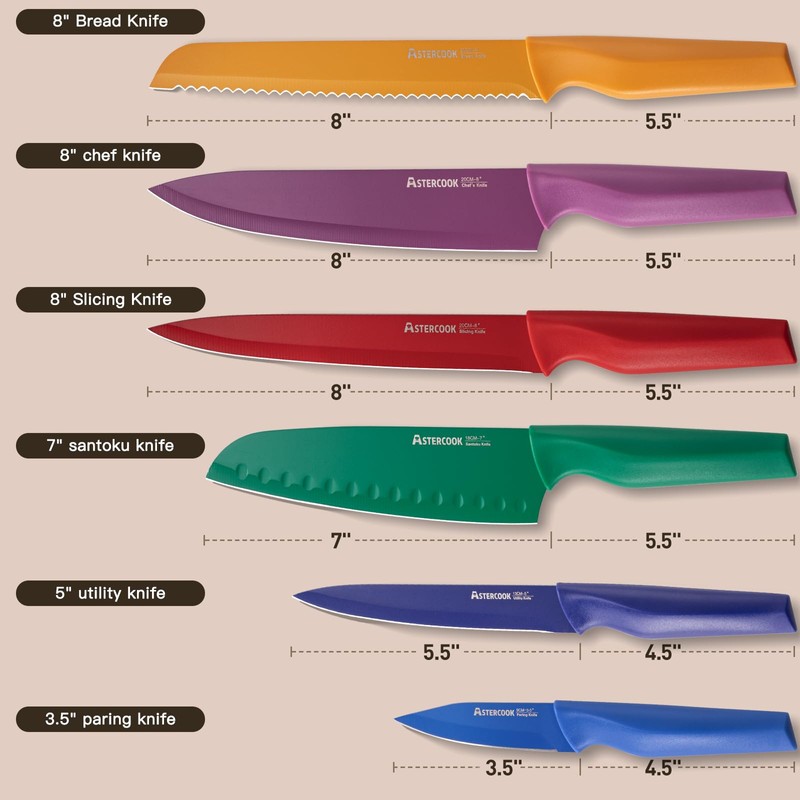 Astercook 6 Piece Color-Coded Kitchen Knife Set, Stainless Steel Chef
