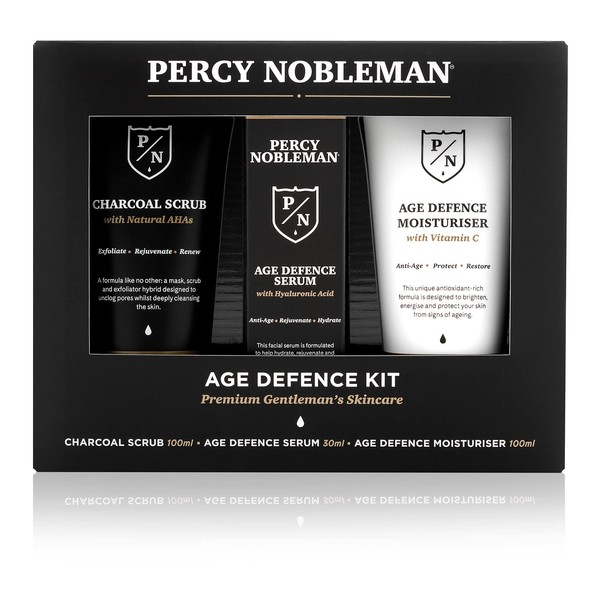 Percy Nobleman Age Defence Kit, a men's skincare set containing Charcoal Face Scrub (with Natural AHAs), ultra-hydrating Facial Serum (with Hyaluronic Acid), and Moisturiser (with Vitamin C)