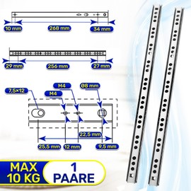 1 Paar Kugelgelagerte Schubladenschienen 310 mm x H 17 mm - Teleskopische Auszugsschienen Haben eine Teilausdehnung von 208 mm - Garantie 10 Jahre - MONTERAL