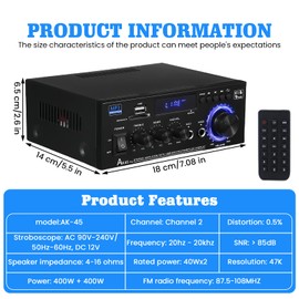 AK45 HiFi Verstärker Mini Stereo Bluetooth Radio Audio Verstärker Receiver, 12V/ 240V 2.0 Kanäle 40W X 2 Digitale Endverstärker mit FM-Radio, Fernbedienung, SD/USB-Eingang, MIC, BT, Soundverstärker