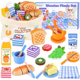 Picnic Set for Kids, Pretend Play Food for Toddlers 1-3, 24 Pcs Wooden Play Food Sets for Kids Kitchen with Shopping Bag, Cutting Food Toys Play Kitchen Accessories Gift for Girls Boys Ages 1 2 3 4 5