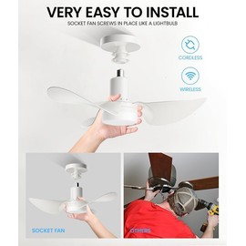 SEYAS Socket Fan Light with Remote, Dimmable LED Ceiling Fan with Lights, Quiet BLDC Motor, 5000K 1000 Lumens Light, Ideal for Bedrooms Kitchens Living Rooms Washrooms Basements Workshops Closets
