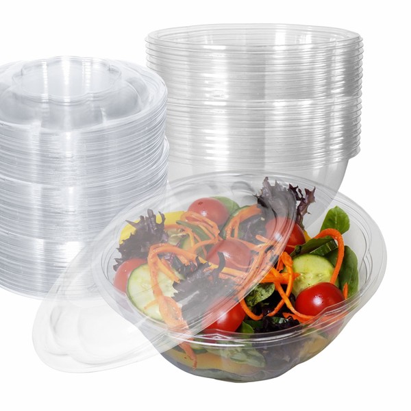 [150 Pack] 32oz Salad Bowls To-Go with Lids - Crystal Clear Plastic Disposable Salad Containers | Airtight, Lunch, Salads, Parfait, Fruits, Leak Proof, Airtight, Fresh, Meal Prep | Rose Bowl Container