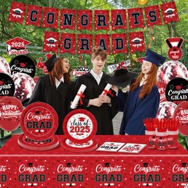 Graduation Decorations 2025, 182Pcs 2025 Graduation Party Decorations includes Congrats Grad Banner Balloons Graduation Plates and Napkins Tablecloth, Disposable Graduation Party Supplies(Red)