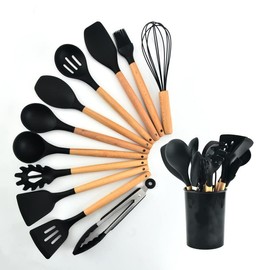 Silicone Kitchen Cooking Utensil Set, 12-Piece Silicone Utensil Set for Cooking with Wooden Handle, Spatula, Spoon, Tongs, Heat Resistant Kitchen Gadgets Tools Set for Nonstick Cookware-Black