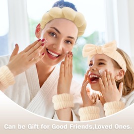 Zkptops 4Pcs Spa Headband for Washing Face Wristband Set Sponge Makeup Skincare Terry Cloth Headband Bubble Soft Get Ready Hairband Women Puffy Padded Headwear Non Slip Hair Accessory(Beige)