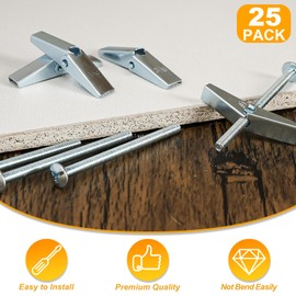 KURUI 3/16 Toggle Bolts for Drywall, 25 Pcs Heavy Duty Metal Drywall Anchors Kit, Dry Wall Anchors and Screws Kit, Butterfly Anchors for Ceiling, Sheetrock, Hollow Wall