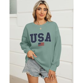 Micoson Casual Vintage Sweatshirt for Women USA Flag Print Clothes Crew Neck Cute Pullover Tops Preppy Long Sleeve Fleece Outfits Fall Loose Fit Green XXL