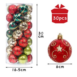 Socpuro Christmas Tree Ornaments Balls, 30 Pieces, 5 Types, 2.4 inches (6 cm) Diameter, Christmas Ornaments, Classic Colors and Patterns, Christmas Balls, Shatterproof, Red, Green, Gold, Assorted, Christmas Decoration, Room, Cafe, Store Decoration, DIY