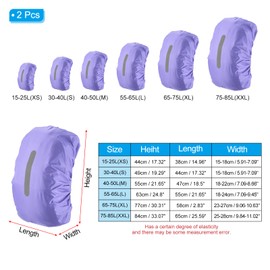 PATIKIL 15-25L Waterproof Backpack Rain Cover, 2 Pack Non-Slip Backpack Cover with Vertical Reflective Strap Stay Dry for Hiking, Camping, Hunting, XS, Purple