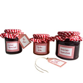 Preserving Set with 5 Labels, 5 Cards and 5 Fabric Circles for Preserving Jars in Red