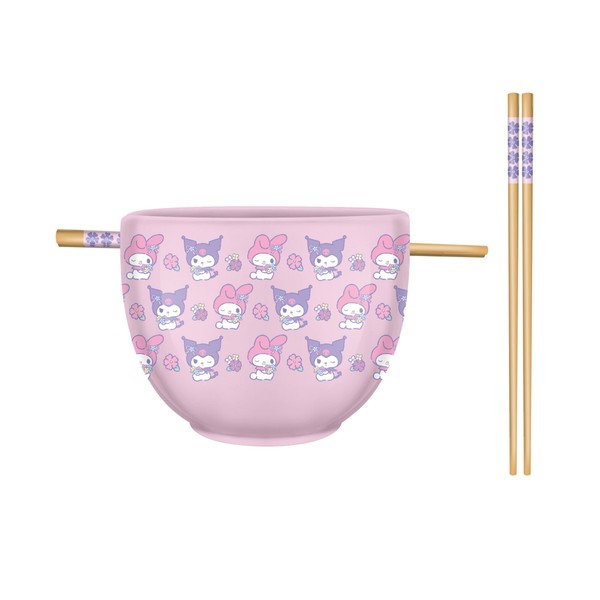 Silver Buffalo Sanrio My Melody And Kuromi Pastel Floral Pattern Ceramic Ramen Bowl with Chopsticks, 20 Ounces, Purple/Multi