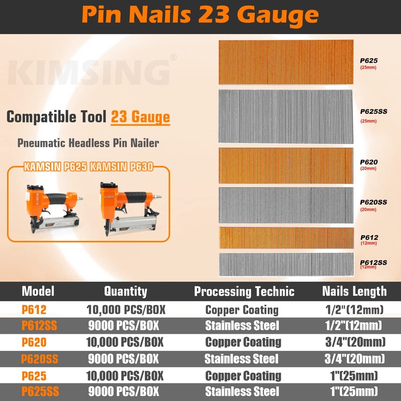 Kimsing P620SS 23 Gauge 20 mm Pin Nails, Stainless Steel,