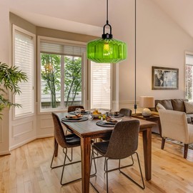 Plug in Green Pendant Light Fixtures, Striped Glass Shade Hanging Lights with Plug in Cord Mid Century Modern Hanging Lamp Pendant Lighting Plug in Swag Lamp for Bedroom Dining Room Living Room
