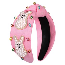 NVENF Easter Headband for Women Beaded Easter Rabbit Bunny Headband White Pink Crystal Pearl Knotted Headband Happy Easter Hair Accessories Spring Holiday Headwear Outfits Gifts (Bunny B - Pink)