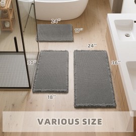 Lunofox Waffle Bathroom Rugs, Super Absorbent Boho Bath Mats, Non-Slip Shower Mats for Bathroom Floor and Tub, Ultra Soft Waffle Weave Runner Mat, Quick Dry, Light Grey, 18x30 Inch