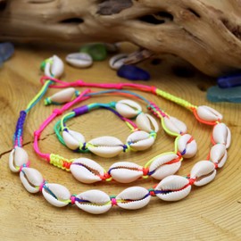 FROG SAC Cowrie Shell Necklace with Matching Seashell Anklet and Bracelet, VSCO Accessories Set for Adults, Aesthetic Beach Jewelry for Women (Rainbow Tie Dye)