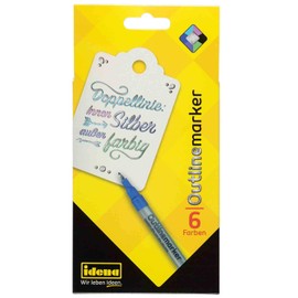 Idena 10455 Outline Marker with Double Line Effect, Silver Inside, 6 Different Contour Colours, Colour Pens for Creative Design and Unique Designs, Pictures and Motifs