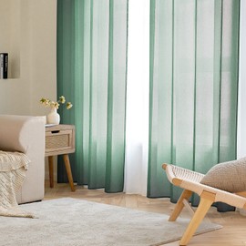 Emema Set of 2 Sheer Voile Curtains with Eyelets, Transparent Voile, Polyester, Eyelet Curtain, Living Room, Airy, Decorative Curtain for the Bedroom, 140 x 245 cm (W x H), Dark Green
