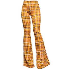 SMT Women's High Waist Wide Leg Long Bell Bottom Yoga Pants Small Plaid Mustard