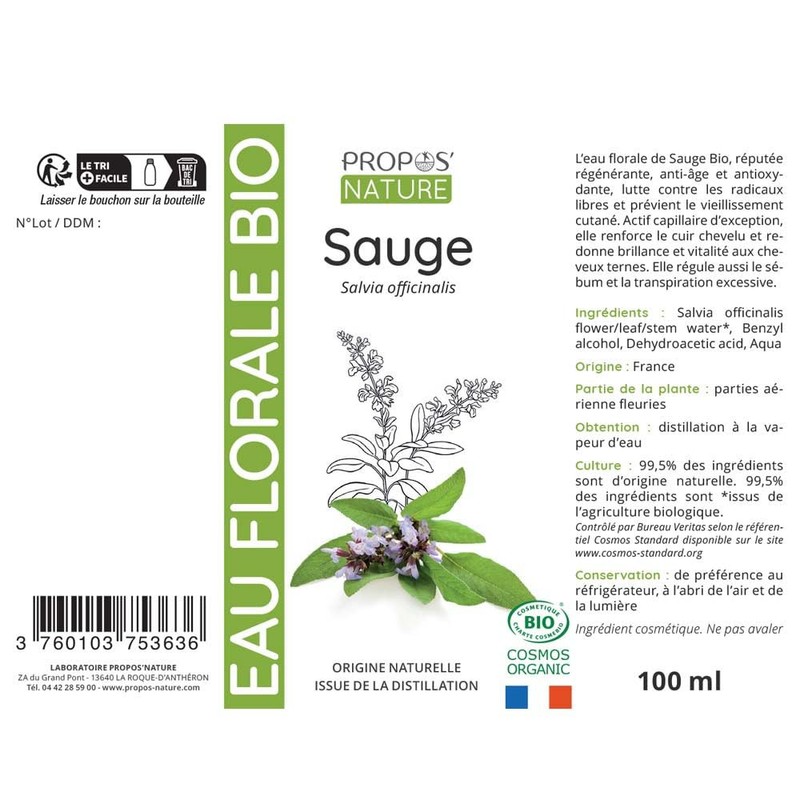PROPOS'NATURE Hydrolat - Salvia certificato Biologico, 100 ml, 1 unità
