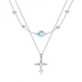 CUPENDA Airplane Necklace 925 Sterling Silver Moonstone Space Pendant Airplane Jewelry Gifts for Women
