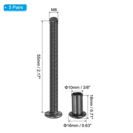 PATIKIL 5 Set Hex Chicago Screws, Metric Hex Drive Socket Cap 8 x 55 mm Bolts and 8 x 18 mm Nuts Binding Screw Posts for Scrapbook Leather Belt Album Furniture Repair, Black