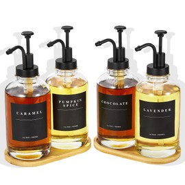 Coffee Syrup Dispenser for Coffee Bar, Coffee Syrup Pump Dispenser, Glass Syrup Bottle with Black Upgraded Pump, 4 Pack 16.9 oz 500 ml Syrup Dispensers, 28 Labels and 2 Bamboo Tray