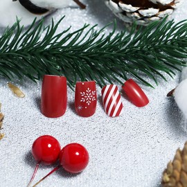 LOPMNGHT Christmas Red Press on Nails Medium Square Snowflake False Nails with Red White Stripe Design Winter Xmas Acrylic Nails Reusable Glue on Nails Full Cover Glossy Stick on Nails for Women