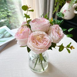 Bucoke Rose Artificial Flowers in vase, Vivid Faux Rose Flowers Arrangements, Austin Rose Centerpieces for Tables, Flower Ornaments and Flower Arts for Living Room (Champagne)