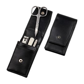 HK Manicure by Hans Kniebes - Pocket Manicure - 4-Piece Set with Nail Scissors, Clippers, Nail File and Tweezers - Manicure Case Made of Amalfi Full Cowhide Leather Black